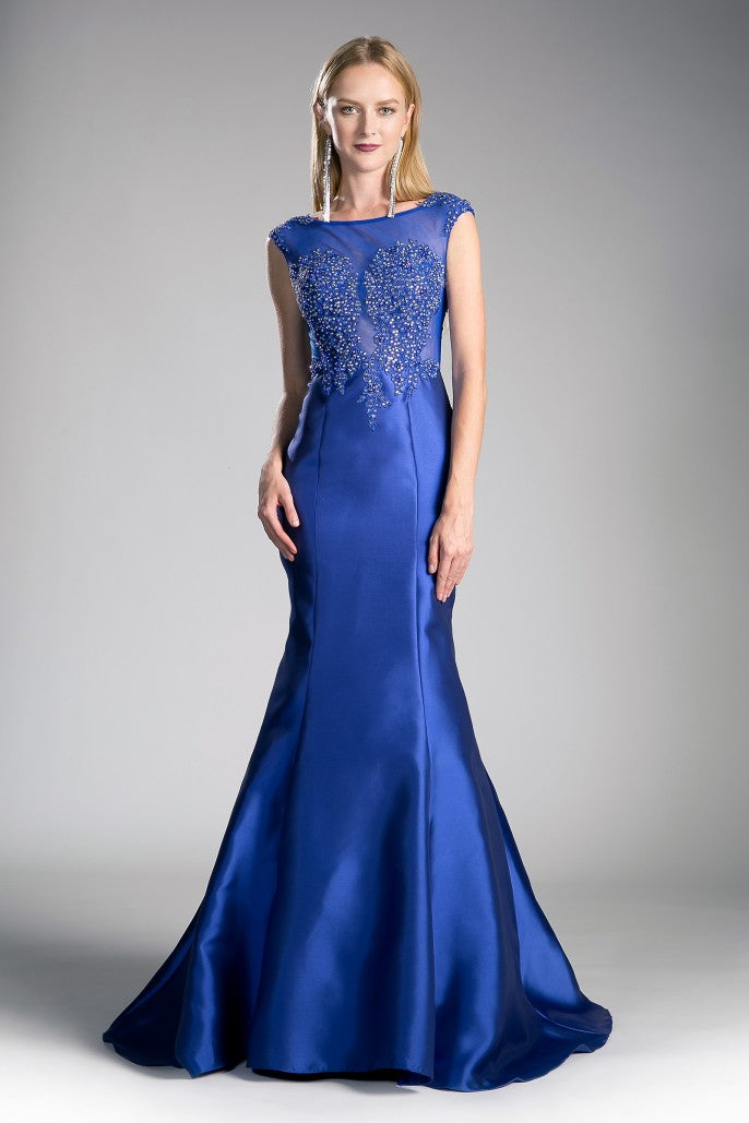 Vestido de Fiesta Azul Rey en Satén con Cauda