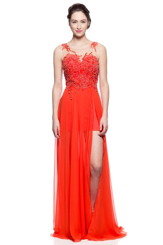 Vestido de Fiesta Naranja con Cuerpo Bordado