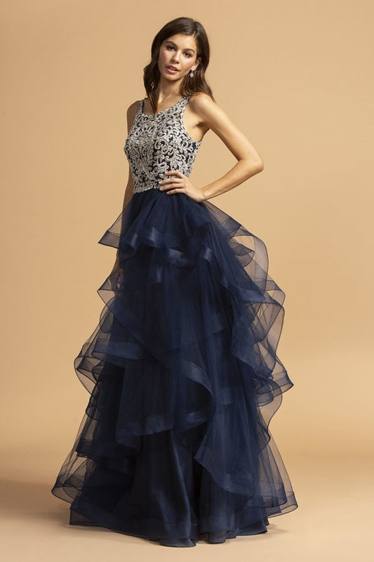 Vestido de Fiesta Azul Marino con Cuerpo Bordado