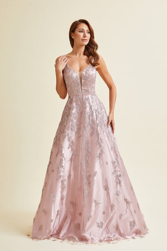 Vestido de Fiesta Rosa Empolvado con Encaje y Brillos