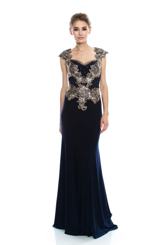 Vestido de Fiesta Azul Marino con Bordados en Dorado