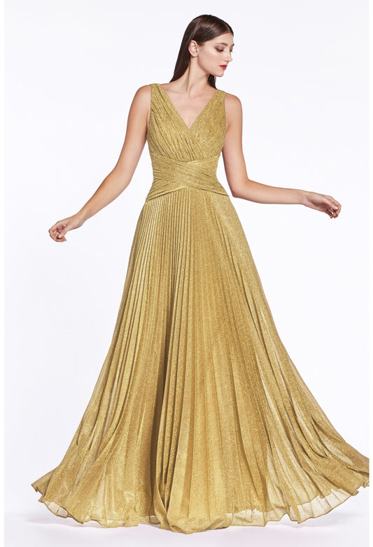 Vestido de Fiesta Dorado con Plisado y Escote en V